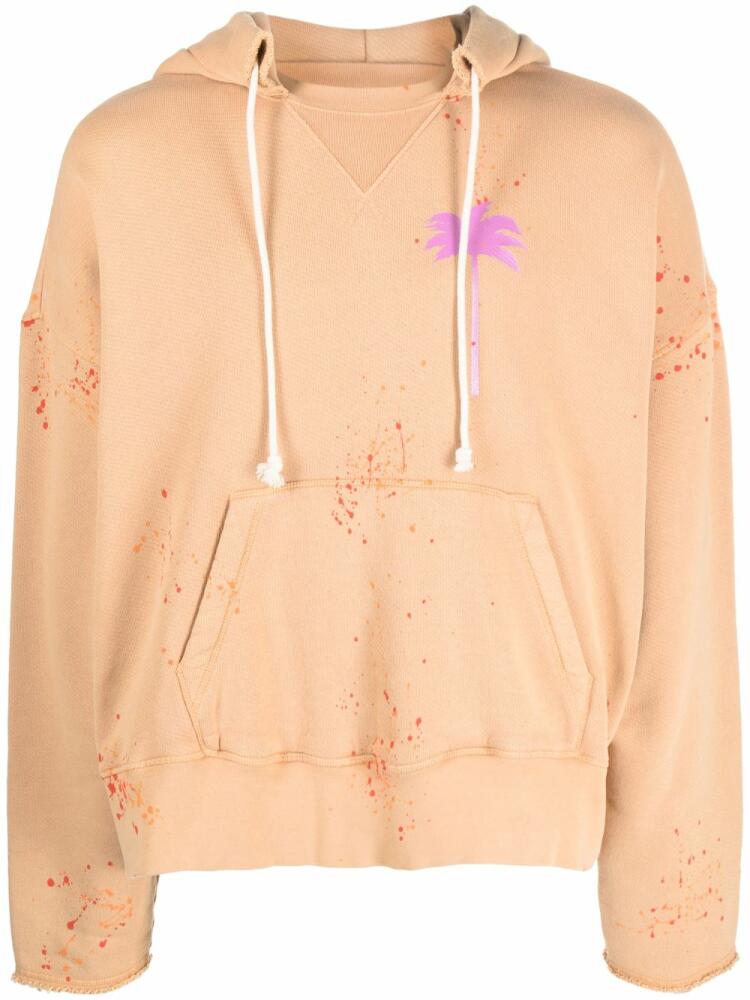 Palm Angels logo-print paint-splatter cotton hoodie - Neutrals Cover