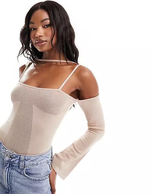 Simmi knitted pointelle bardot strappy bodysuit in beige-Neutral Cover