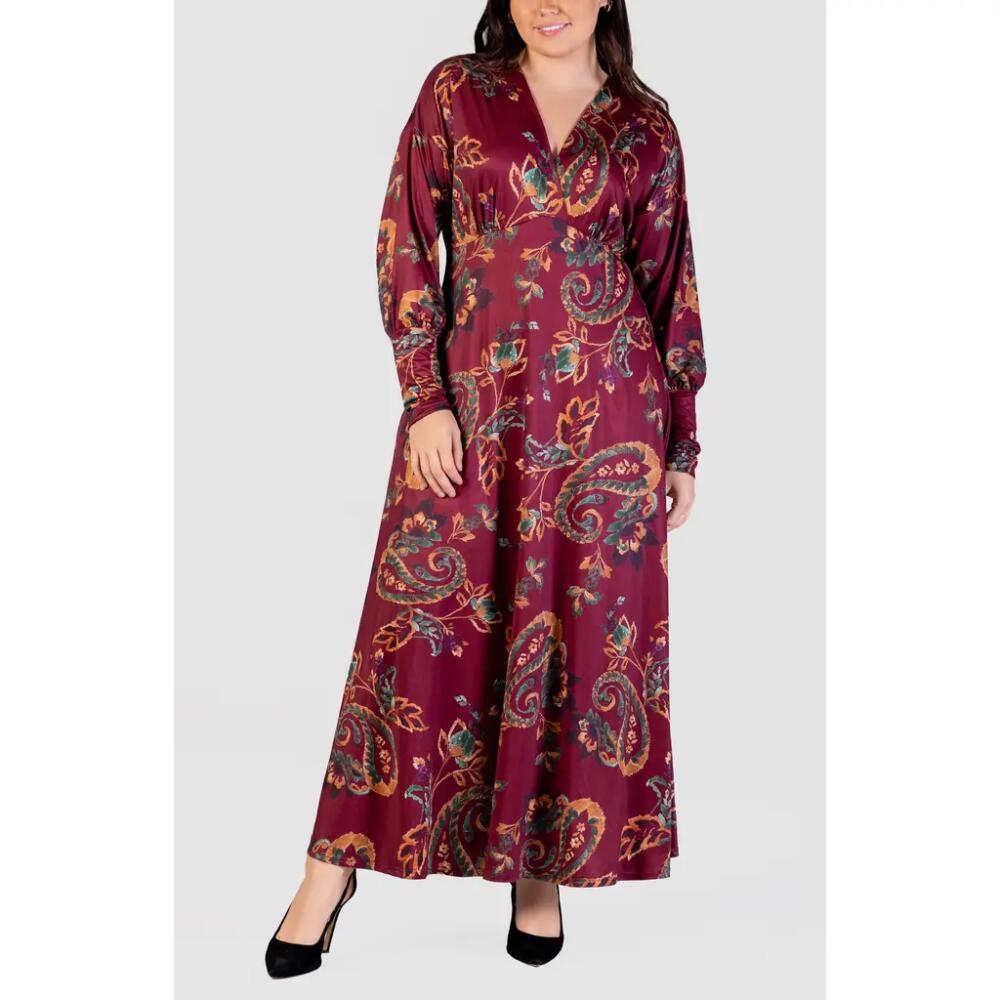 24seven Comfort Apparel Paisley Long Sleeve Maxi Dress in Red Multi Cover