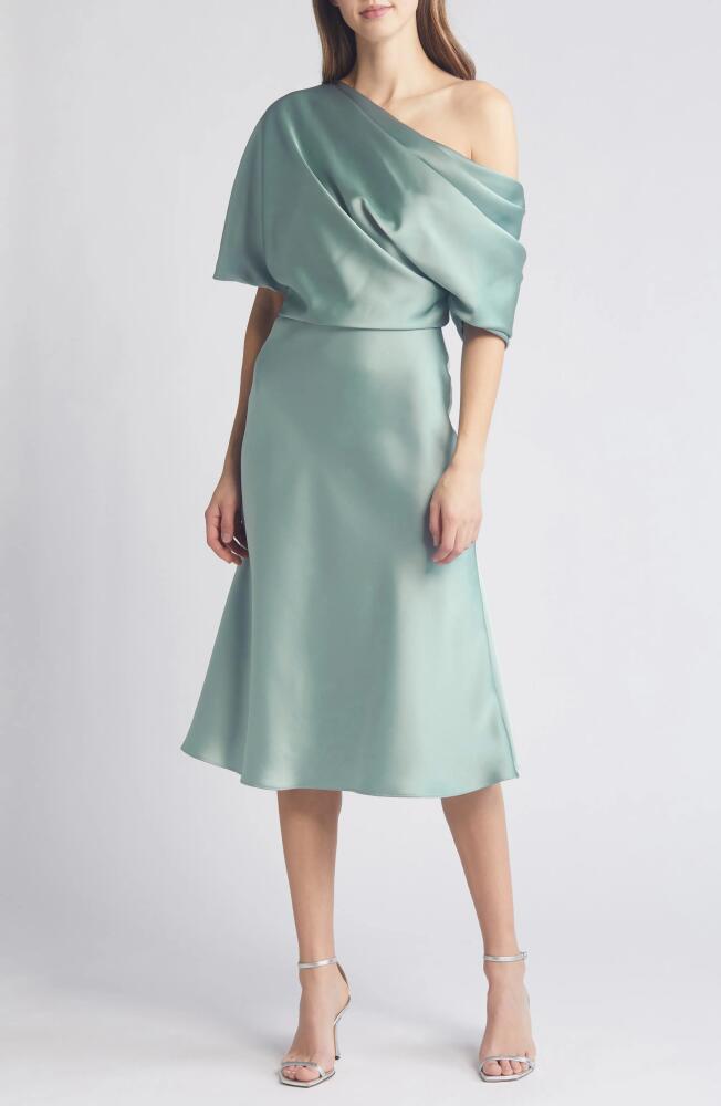 Amsale One-Shoulder Fluid Satin Cocktail Midi Dress in Jade Cover