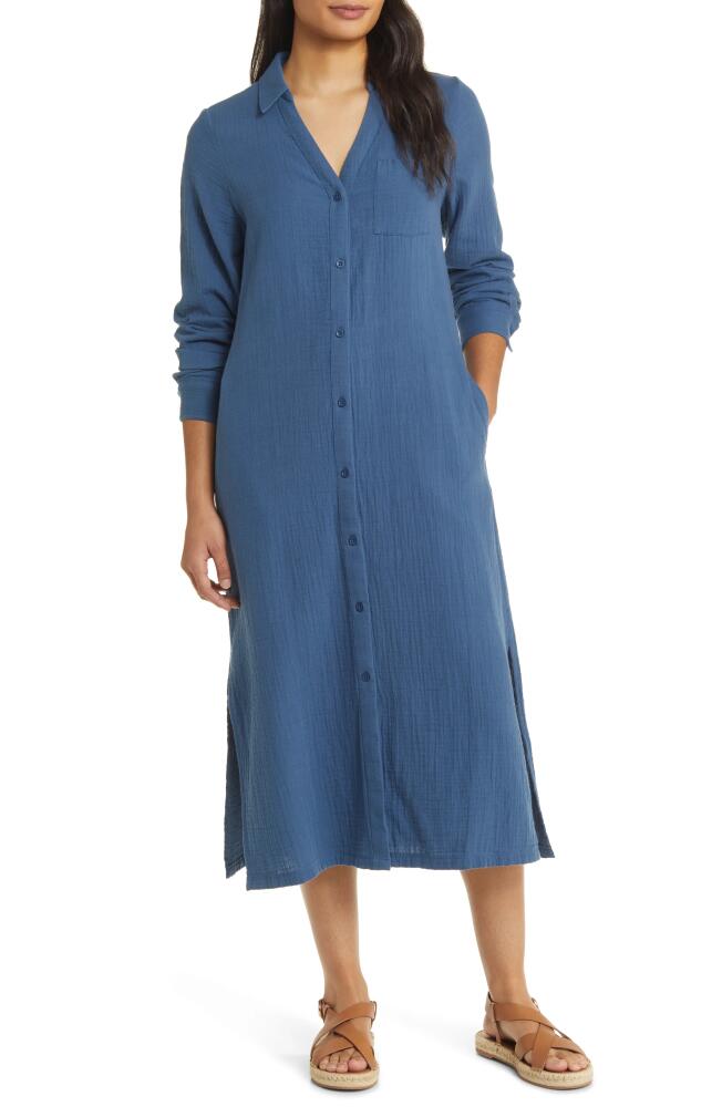 caslon(r) Cotton Gauze Long Sleeve Midi Shirtdress in Blue Ensign Cover