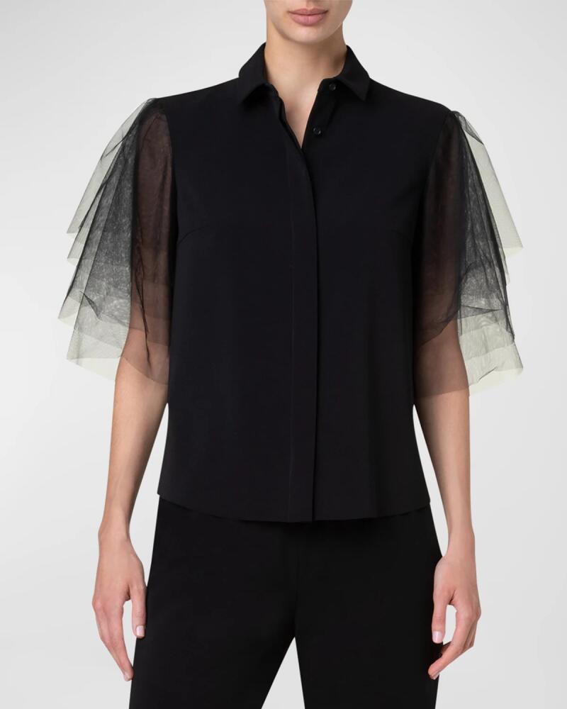 Akris punto Layered Tulle-Sleeve Button-Down Blouse Cover