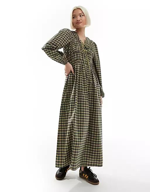 Reclaimed Vintage drawstring tie smock dress in plaid-Multi Cover