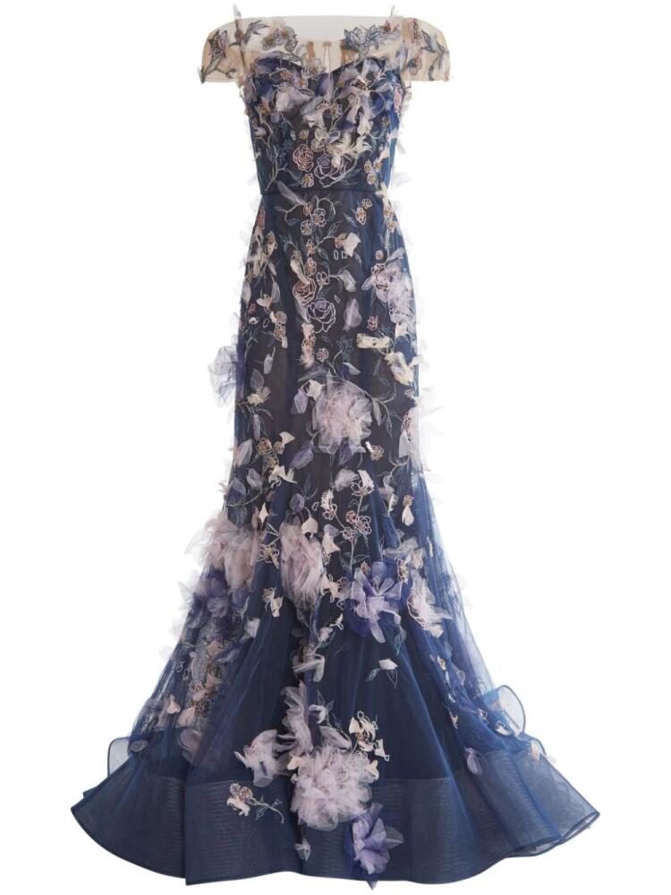 Marchesa floral-pattern off-shoulder gown - Blue Cover