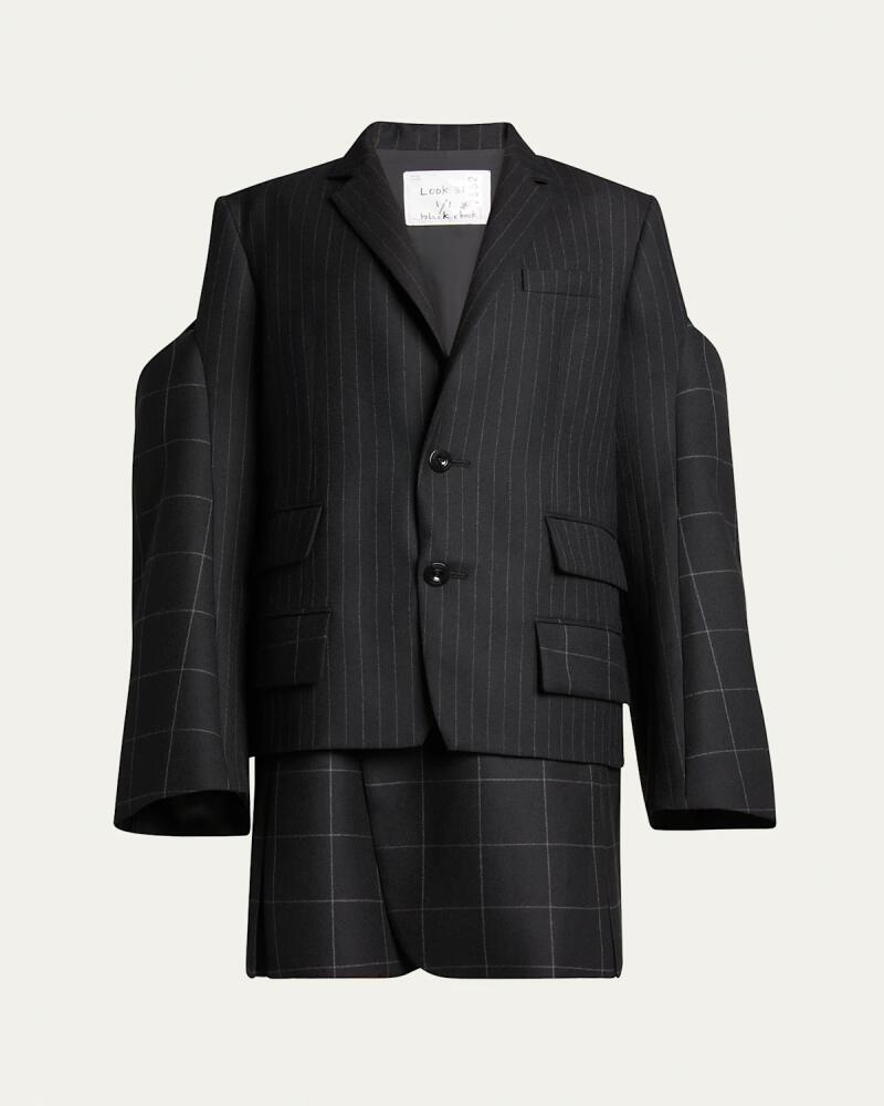 SACAI Pinstripe Windowpane Wool Blazer with Oversized Sleeves Cover