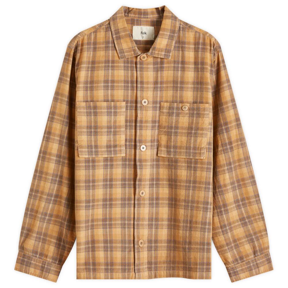 Folk Men's Heavy Cord Patch Overshirt in Light Rust Checked Cord Cover