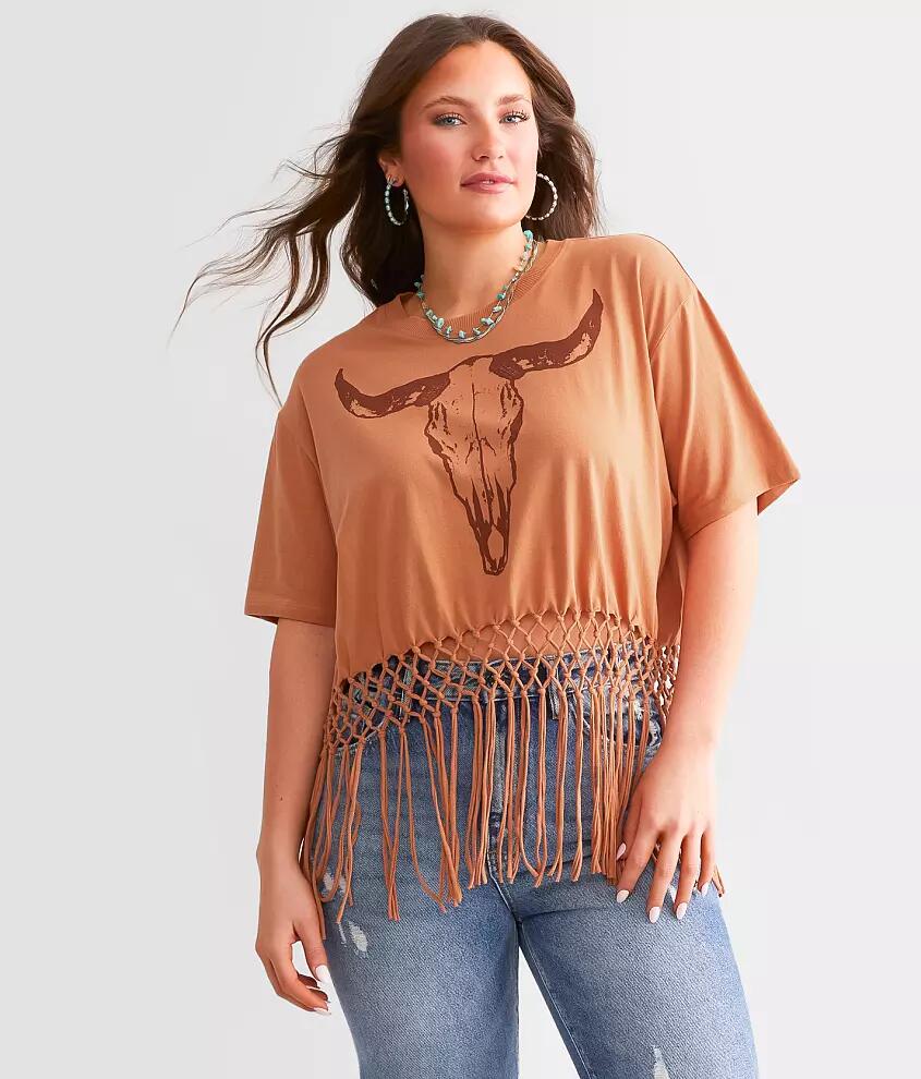 Modish Rebel Steer Macrame Fringe Cropped T-Shirt Cover