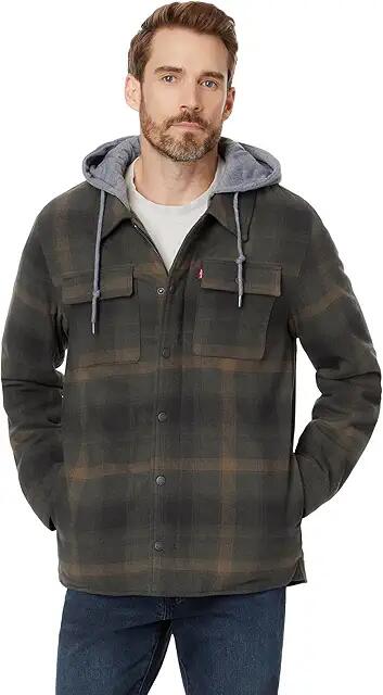 Levi's(r) Washed Cotton Shirt Jacket with A Jersey Hood and Sherpa Lining (Green Ombre Plaid) Men's Clothing Cover