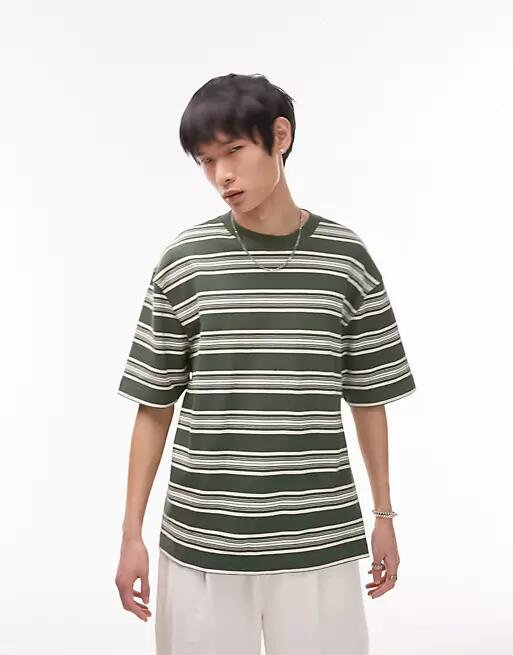 Topman oversized t-shirt with variegated stripe in green Cover