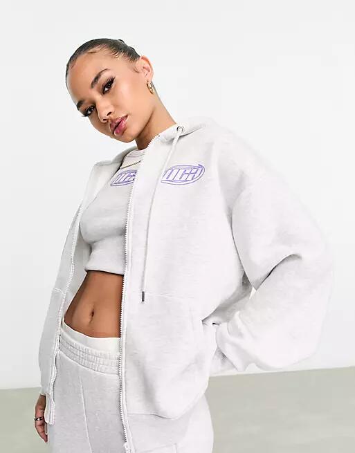 ASOS Weekend Collective zip up hoodie in ice heather with back wca logo-Gray Cover