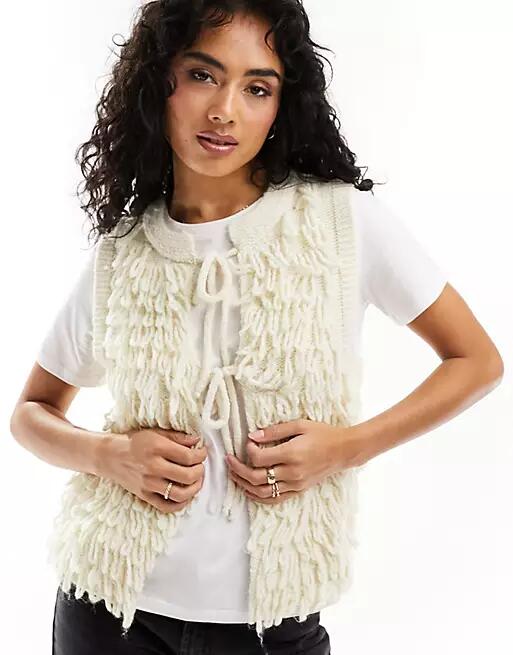 ASOS DESIGN tie front vest in loopy stitch in stone-Neutral Cover