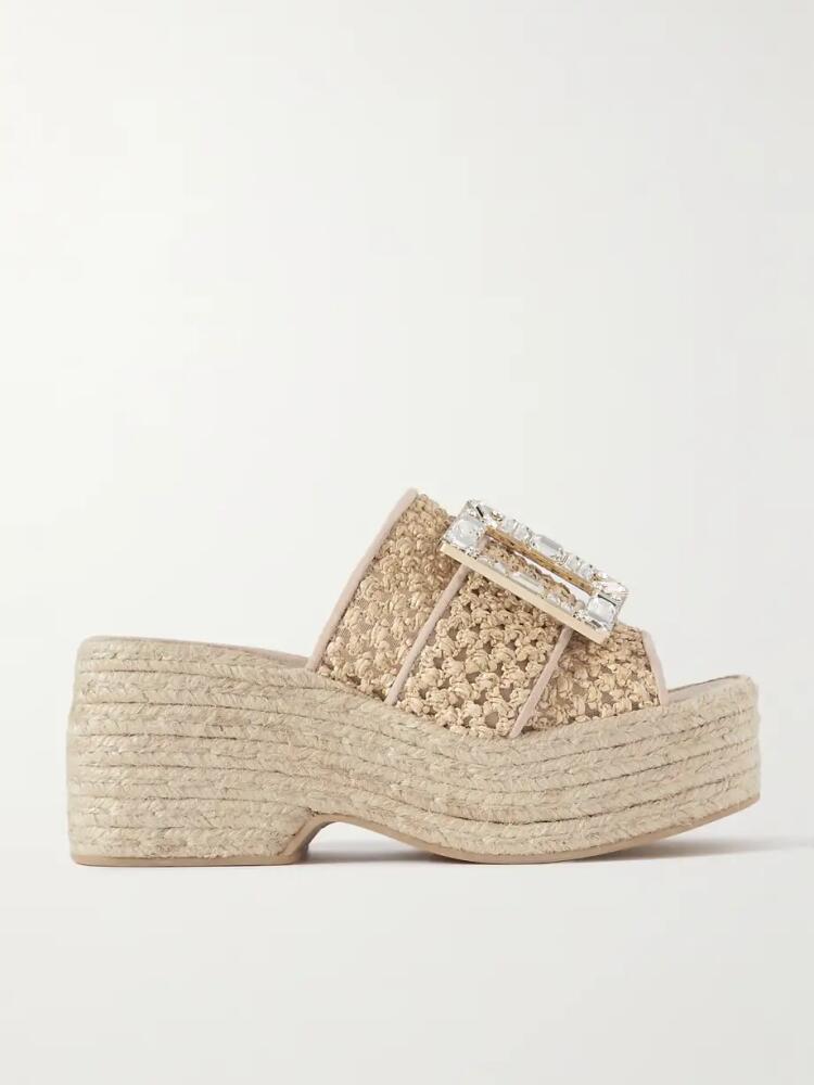 Roger Vivier - Crystal-embellished Suede-trimmed Raffia Platform Mules - Neutrals Cover