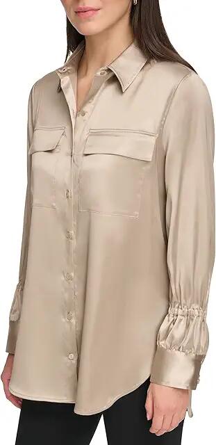 DKNY Long Sleeve Two-Pocket Button Front Blouse (Pebble) Women's Clothing Cover