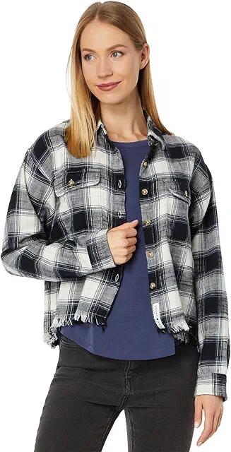 Lucky Brand Raw Edge Plaid Cropped Button-Down Shirt (Black Plaid) Women's Clothing Cover