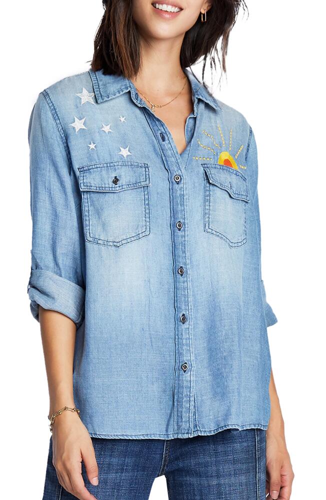 Billy T Hello Sunshine Embroidered Button-Up Shirt in Washed Blue Cover