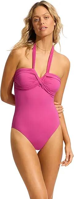 Seafolly Halter Plunge One-Piece Swimsuit (Eco Collective Hot Pink) Women's Swimsuits One Piece Cover