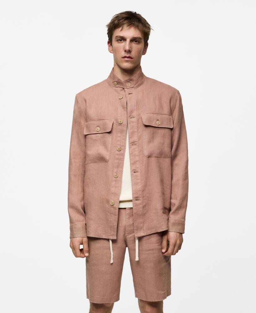 Mango Men's Linen Pockets Detail Overshirt - Pastel Pink Cover