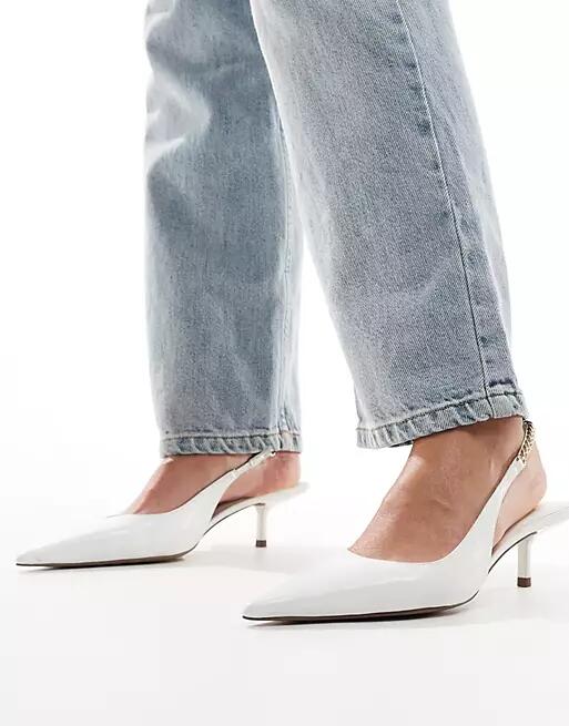 ASOS DESIGN Sharp slingback chain detail kitten heel shoes in white Cover