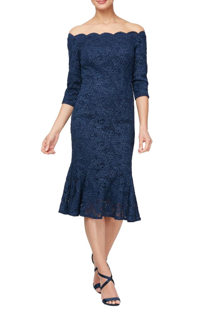 Alex Evenings Metallic Lace Off the Shoulder Midi Dress in Navy Cover