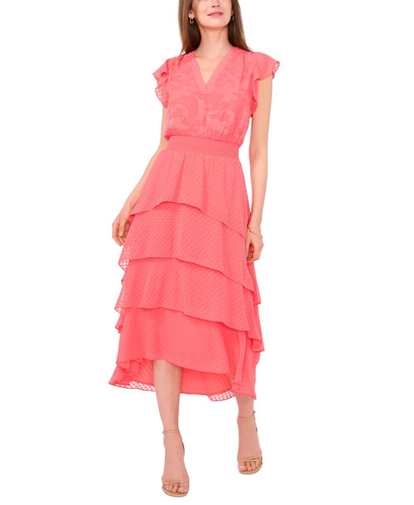 Vince Camuto Women's V-Neck Flutter-Sleeve Tiered Dress - Calypso Coral Cover