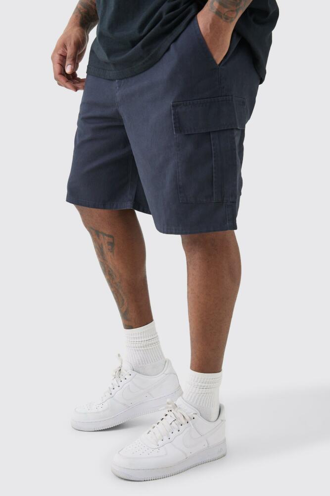 boohoo Mens Plus Elasticated Waist Navy Relaxed Fit Cargo Shorts Cover