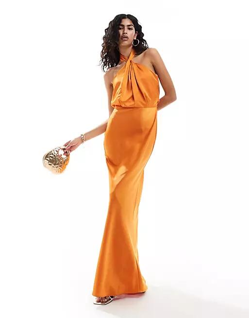 Style Cheat halterneck satin maxi dress in orange Cover