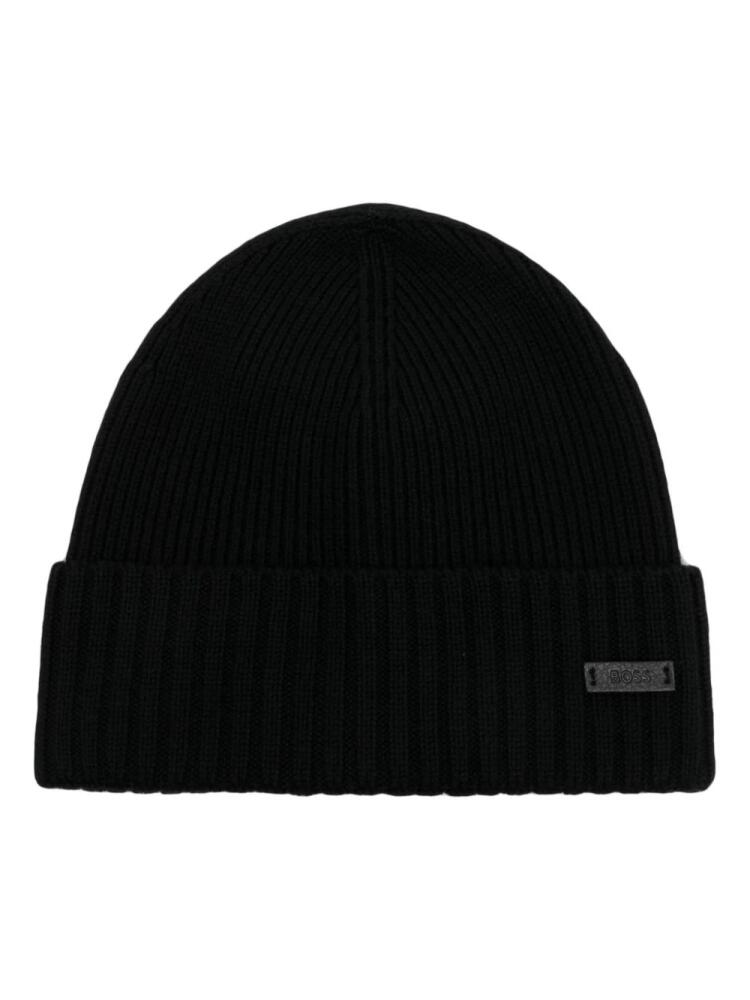 BOSS logo-patch virgin wool beanie - Black Cover