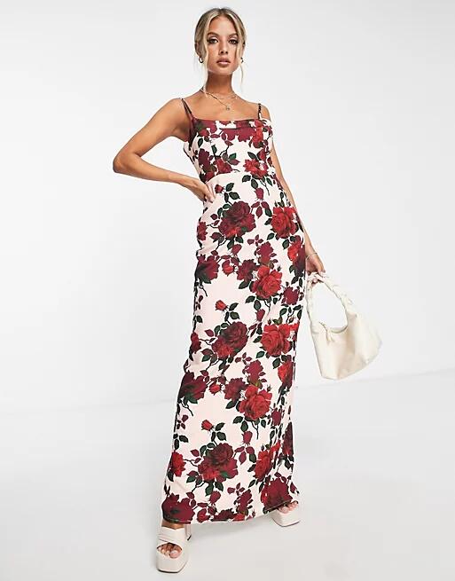 True Violet cami maxi dress in floral rose print-Pink Cover