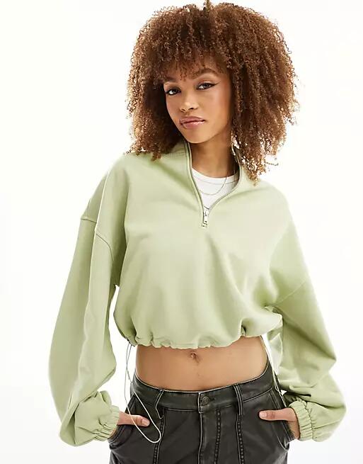 ASOS DESIGN heavyweight half zip sweatshirt in washed khaki-Green Cover