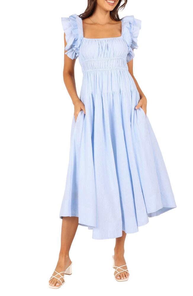 Petal & Pup Linda Stripe Ruffle Sleeve Cotton Midi Dress in Blue Stripe Cover