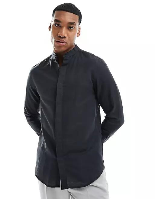 ASOS DESIGN linen shirt with deep grandpa collar in black Cover