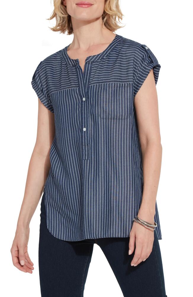 Lyssé Delilah Pinstripe Popover Twill Top in Indigo Ledger Stripe Cover