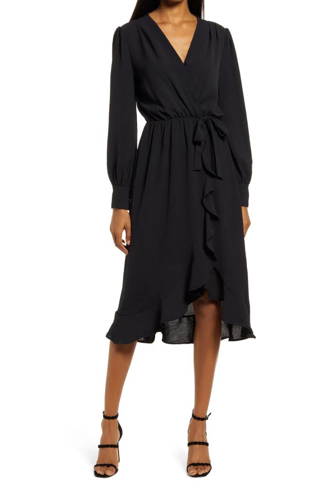 Fraiche by J Faux Wrap Ruffle Long Sleeve Dress in Black Cover