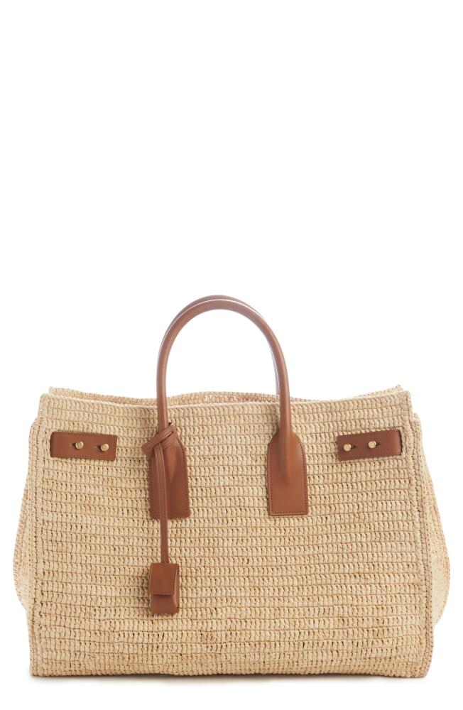 Saint Laurent Medium Sac de Jour Raffia Top Handle Bag in Naturel/Brick Cover