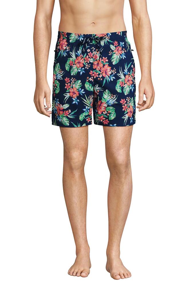 Lands' End 7" Volley Swim Trunks in Deep Sea Navy/rosella Floral Cover