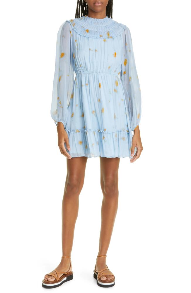 JASON WU Print Smocked Long Sleeve Silk Minidress in Robin Blue Multi Cover