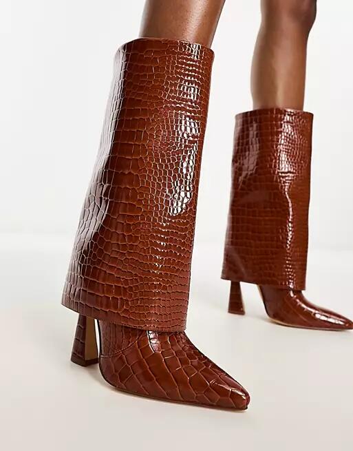 Simmi London Rayan foldover heeled knee boots in tan patent croc-Brown Cover