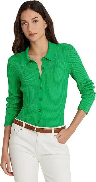 LAUREN Ralph Lauren Rib-Knit Long-Sleeve Polo Cardigan (Green Topaz) Women's Sweater Cover