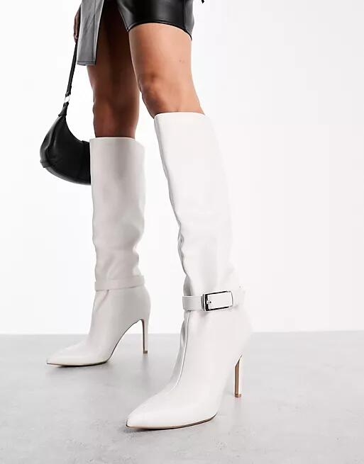 Simmi London Acer buckle detail pointed knee boots in white Cover