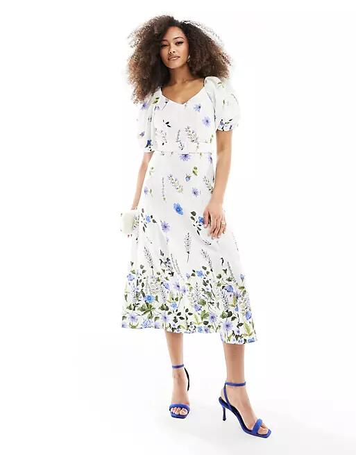 & Other Stories linen puff sleeve belted midaxi dress in floral print-Multi Cover