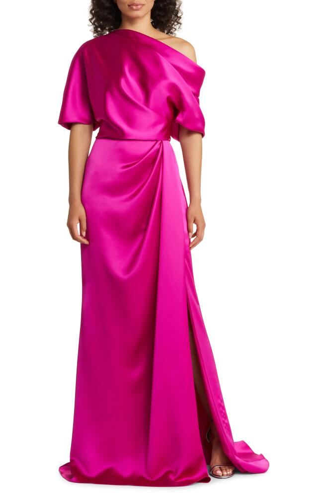 Amsale Gathered One-Shoulder Satin Gown in Fuchsia Cover