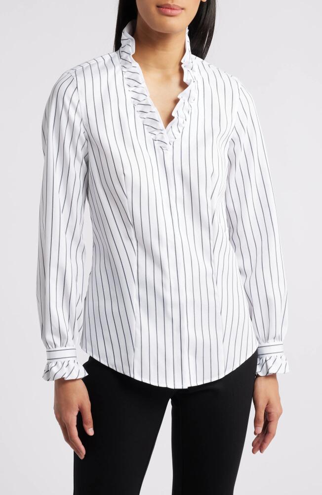 Anne Klein Stripe Ruffle Button-Up Shirt in Bright White/Anne Black Cover