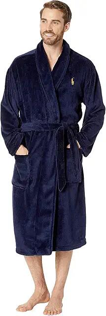 Polo Ralph Lauren Microfiber Plush Long Sleeve Shawl Collar Robe (Cruise Navy/Basic Gold Pony Print) Men's Robe Cover