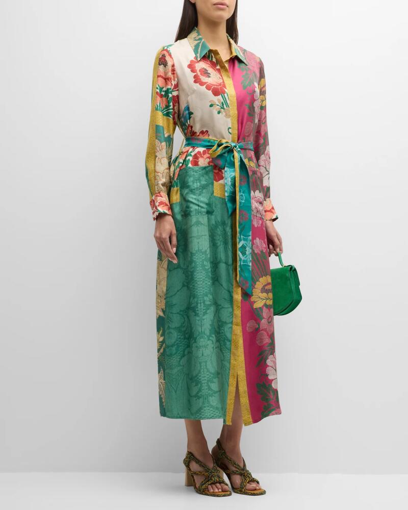 Pierre-Louis Mascia Colorblock Floral-Print Silk Midi Shirtdress Cover