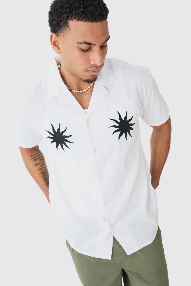 boohoo Mens Oversized Linen Look Sun Embroidered Shirt - White Cover