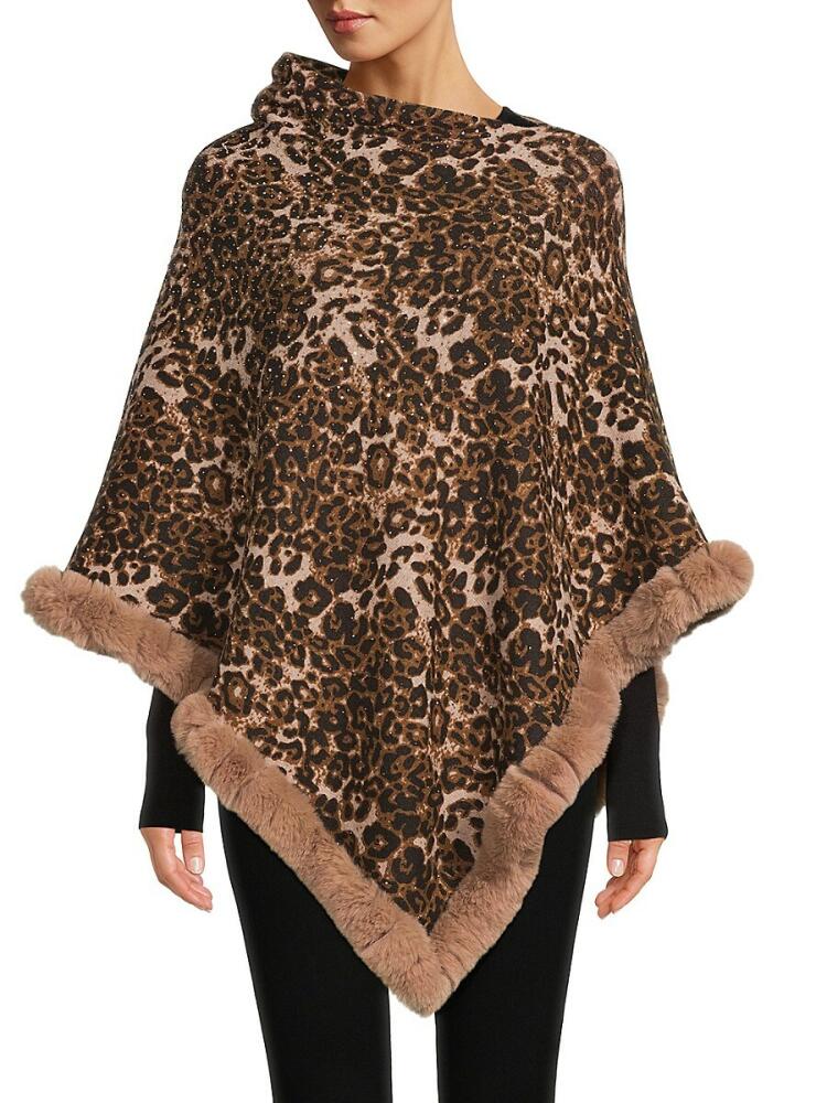 La Fiorentina Women's Animal Print Faux Fur Trim Poncho - Brown Cover