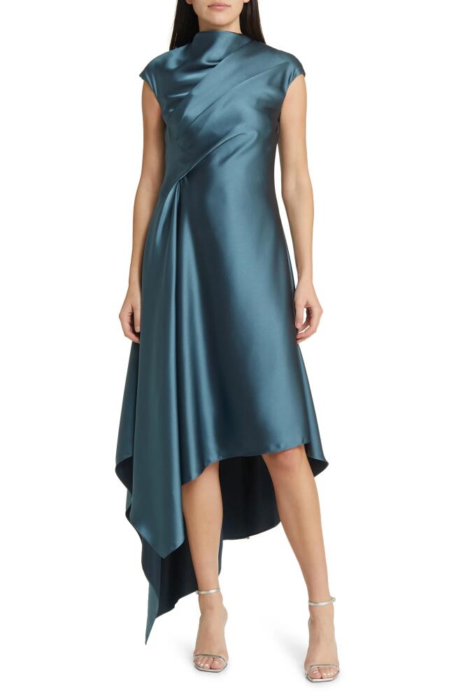 Amsale Drape Asymmetric Hem Satin Cocktail Dress in Petrol Cover