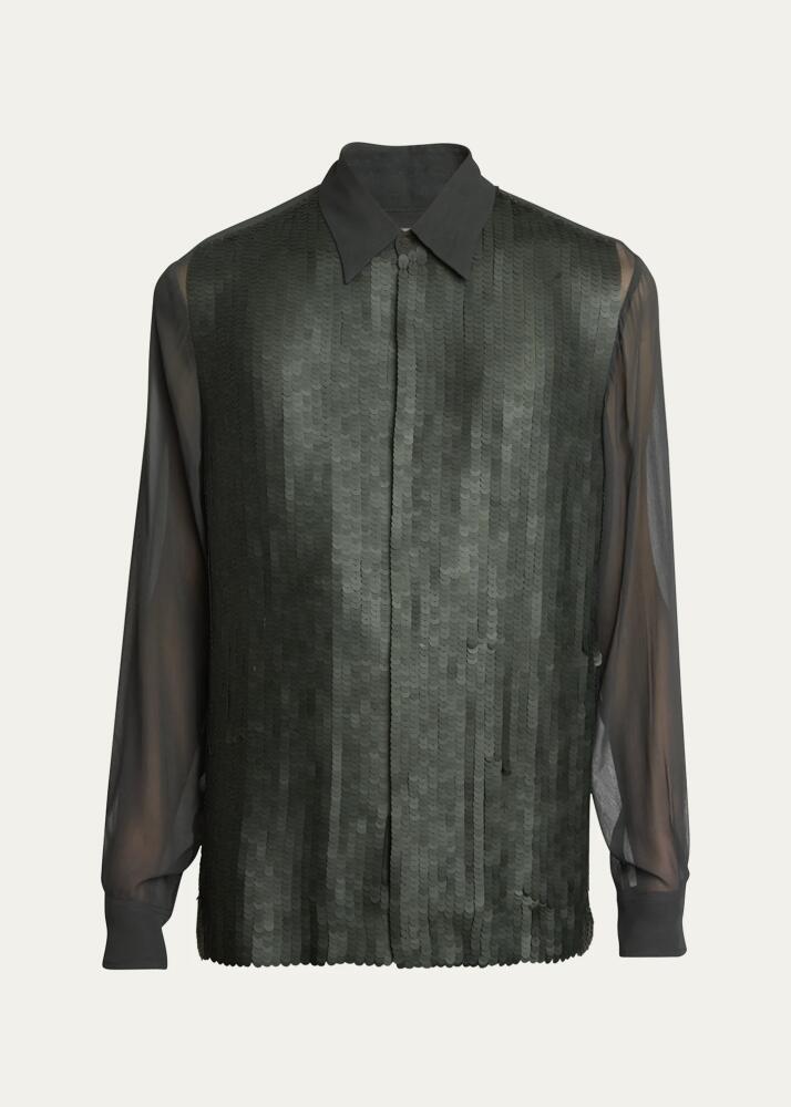 Dries Van Noten Men's Clasens Sequin-Front Silk Crepe Shirt Cover