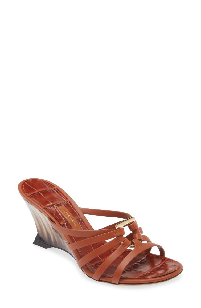 FERRAGAMO Anemone Open Toe Wedge Sandal in Cognac Cover