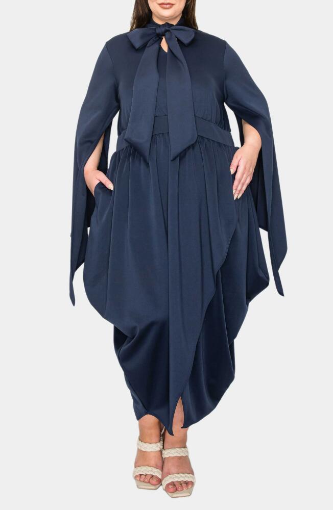 L I V D Tina Cape Sleeve Tulip Hem Midi Dress in Navy Cover